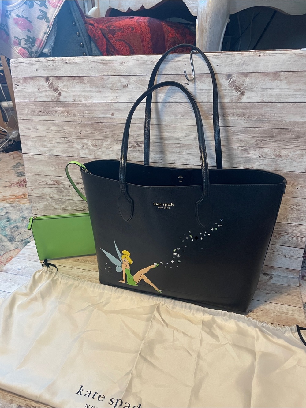 kate spade Black Tinker Bell Tote with Green Pouch